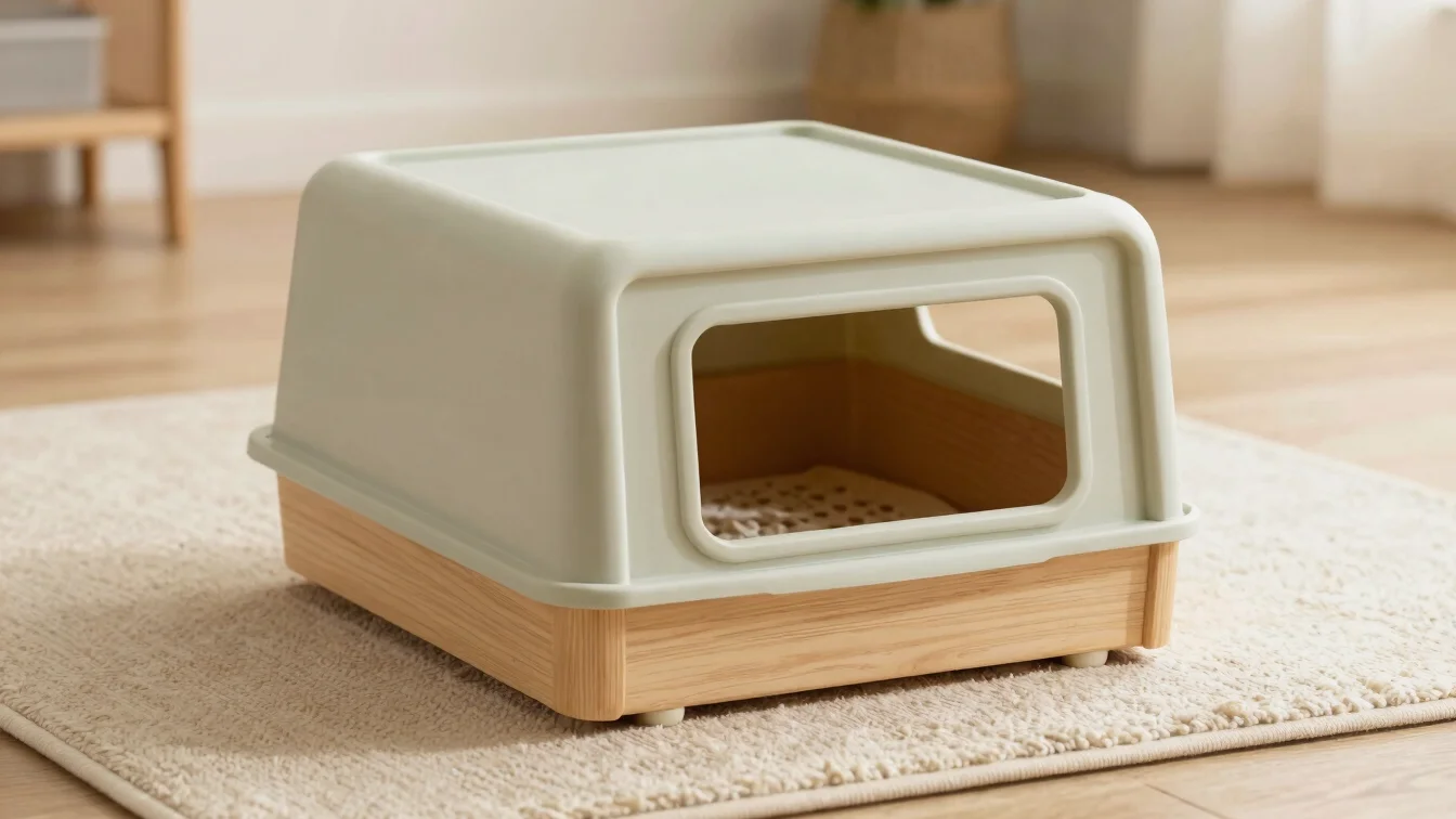Close-up of a low-entry wooden litter box set on a soft rug runne
