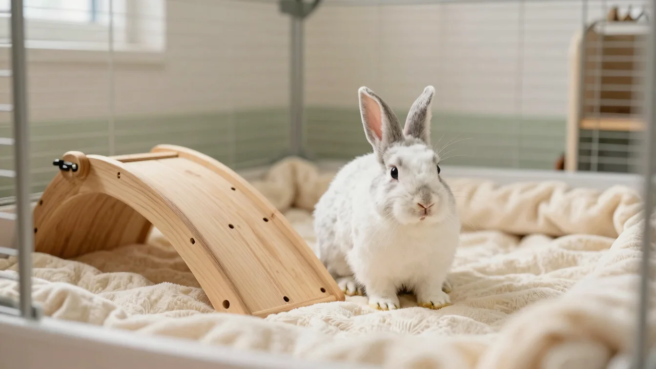 Cozy indoor rabbit enclosure with a gentle wooden ramp and soft b