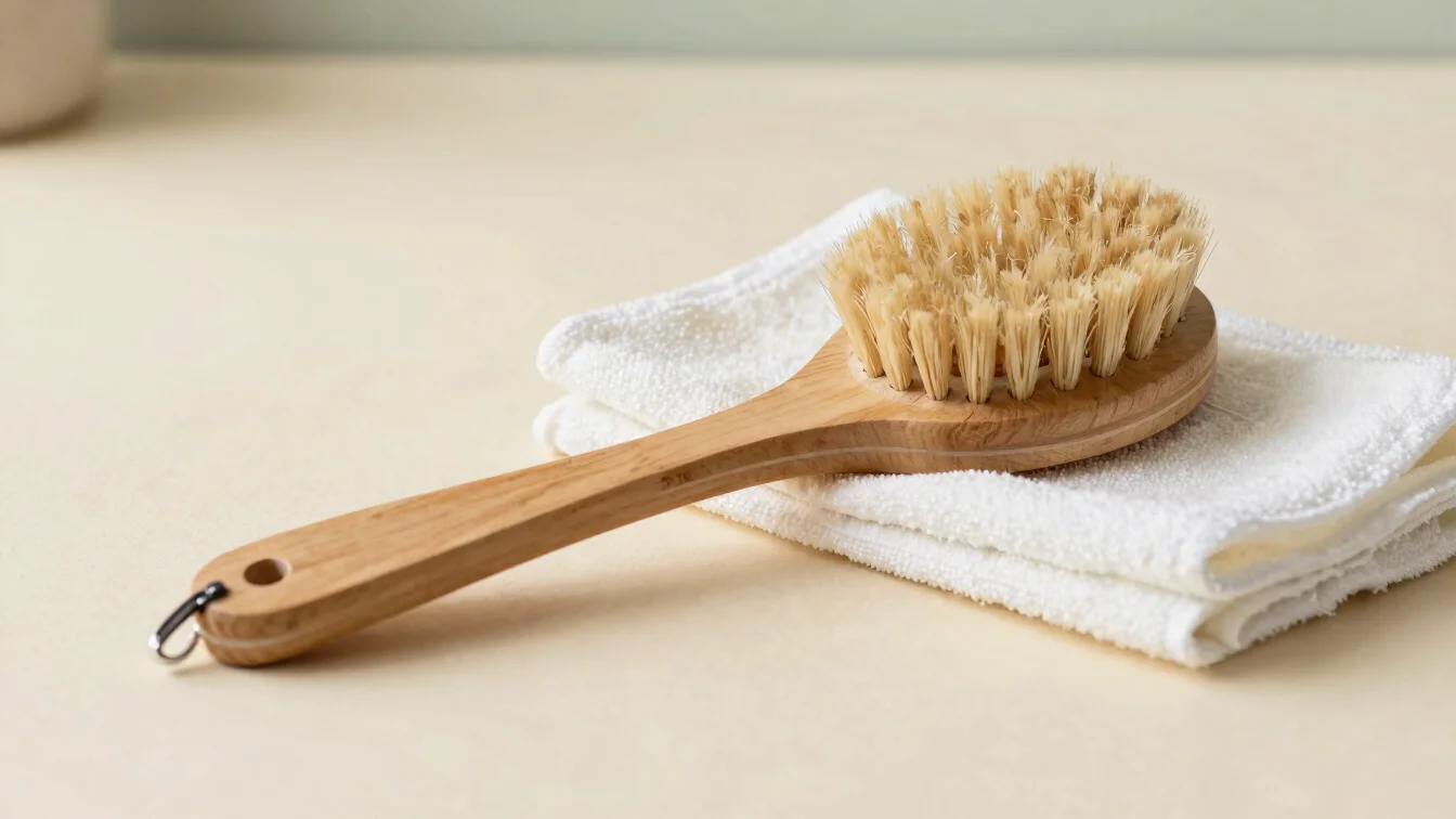 Soft wooden grooming brushes resting neatly beside a folded cotto