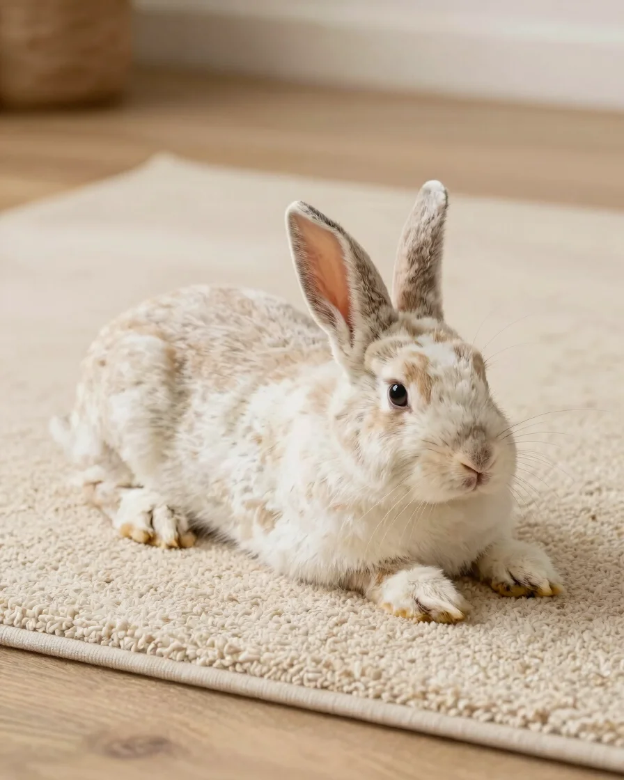 Restful elderly rabbit lounging on a soft rug runner, captured in eye-level warm daylight.