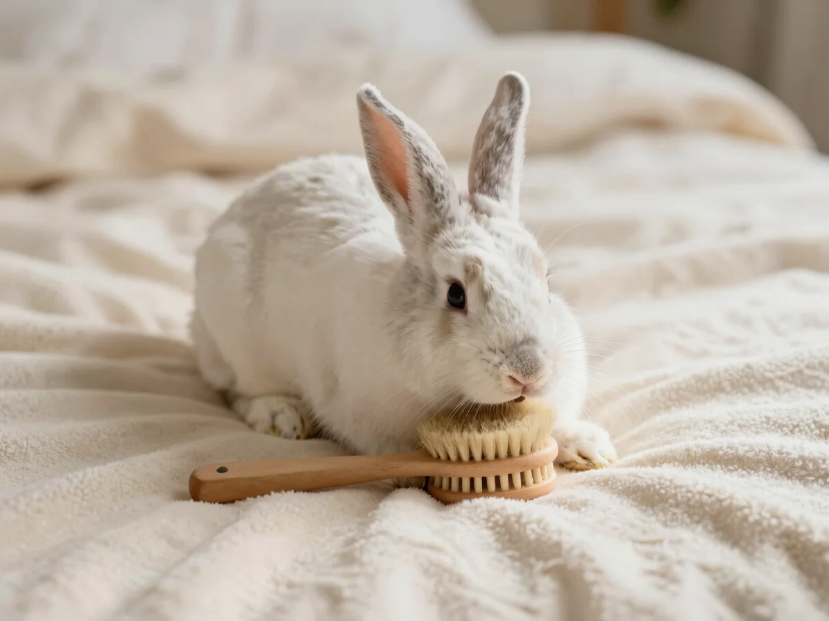 Close-up of soft rabbit grooming brush resting on a clean cream fleece blanket with gentle natural side daylight