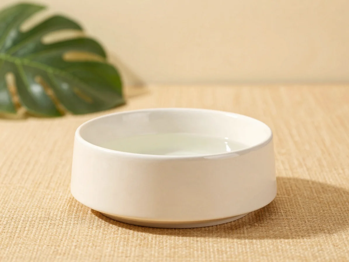A heavy ceramic water bowl resting on a woven mat next to soft green foliage in warm indoor lighting