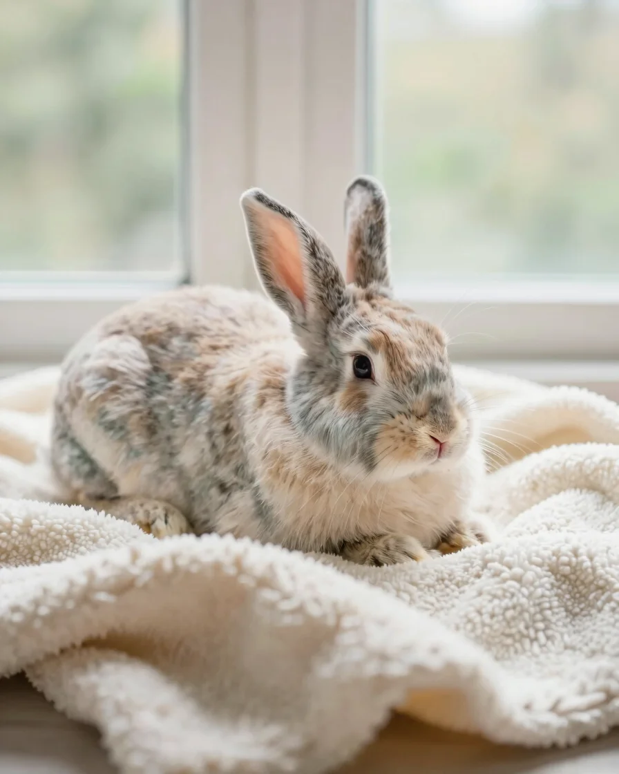 Warm editorial pet photography, a restful senior rabbit lounging