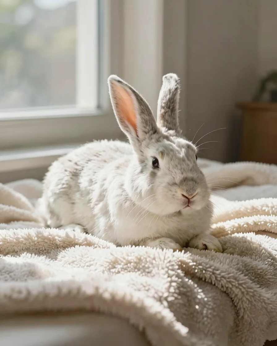 Warm editorial pet photography of a relaxed senior rabbit resting